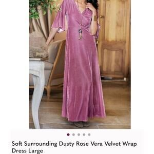 Soft Surroundings Pink Vera Velvet Faux Wrap Maxi Dress Wedding Holiday Dress LG